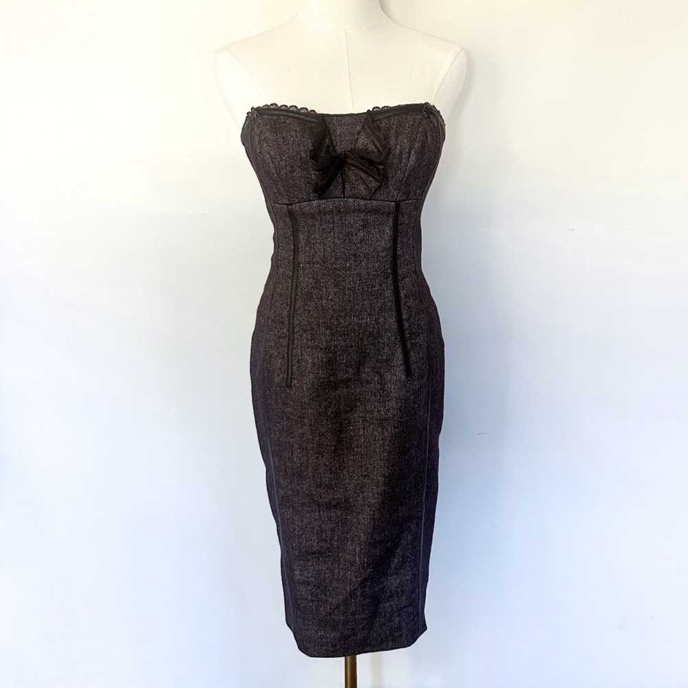 Vintage Y2K Bebe Brown Wool Linen Lace Herringbone Strapless Bodycon Mini Dress
